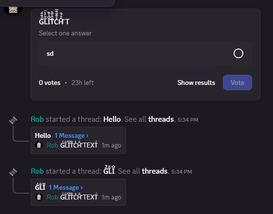 Screenshot of glitch text generator when used on discord